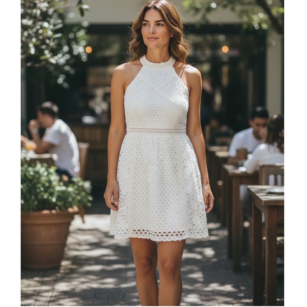 Bebe White Lace Halter Mini Dress Eyelet Coquette Cottagecore Wedding Graduation - Picture 10 of 12